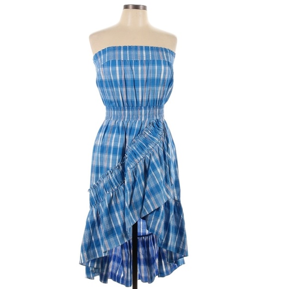 MISA Los Angeles Fernanda Plaid Ruffle Sleeveless Blue Large Strapless Dress - Picture 1 of 2